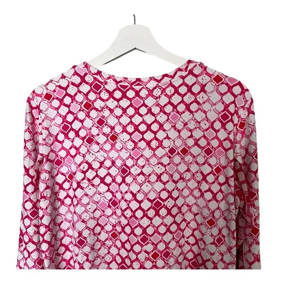 Ibkül Pink White Geo Print Long Mesh Sleeve 1/4 Popover Shift Active Dress Sz L - Picture 7 of 13